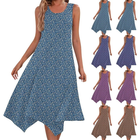 Kmdttou Women Summer Casual Short Sleeve Dresses Print Sleeveless Pocket Irregular Hem Round Neck Dress (Size:S-2XL)