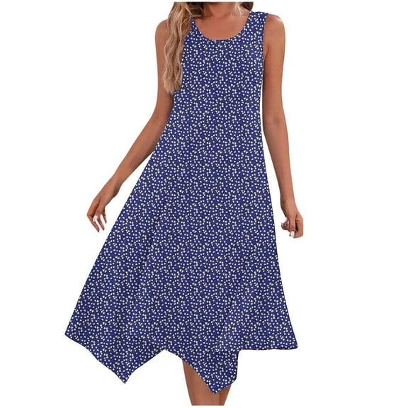 Kmdttou Women Summer Casual Short Sleeve Dresses Print Sleeveless Pocket Irregular Hem Round Neck Dress (Size:S-2XL)