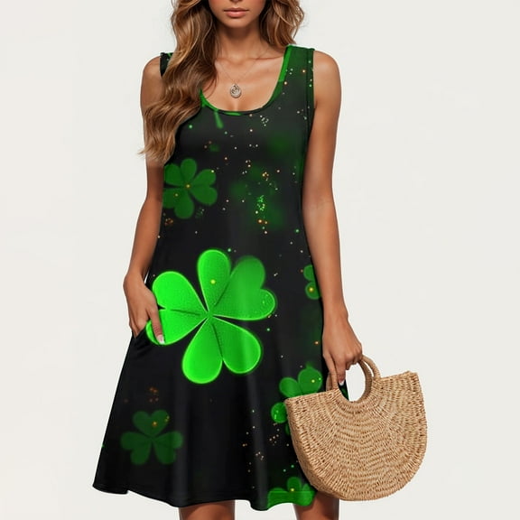 Kmdttou Women Summer Casual Short Sleeve Dresses St. Patrick's Day Casual Plus-size Sleeveless Crew Neck Short Dress with Pockets (Size:S-2XL)