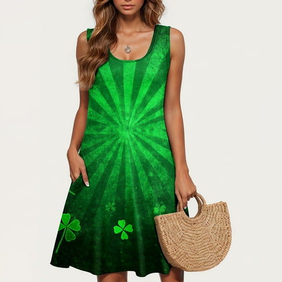 Kmdttou Women Summer Casual Short Sleeve Dresses St. Patrick's Day Casual Plus-size Sleeveless Crew Neck Short Dress with Pockets (Size:S-2XL)