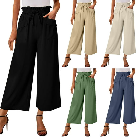 Kmdttou Women Summer Comfortable Casual Slim High Waist Solid Color Cotton Linen Pocket Pants
