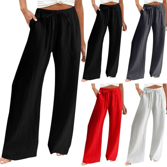 Kmdttou Women Summer Solid Color Elastic Loose And Comfortable Casual Drawstring Straight Leg Pants