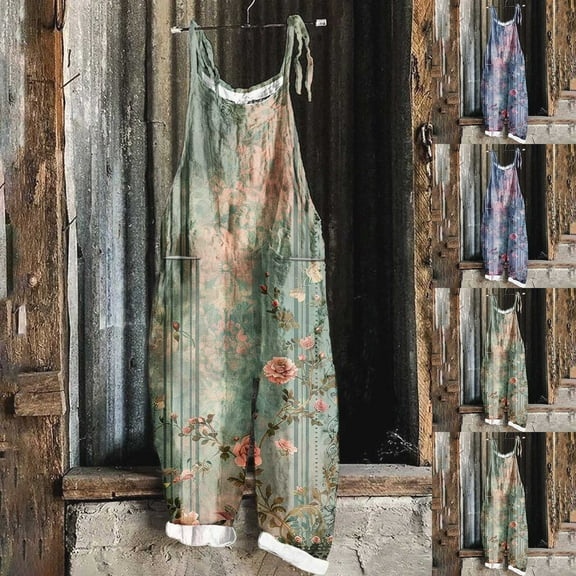 Kmdttou Women Wide Leg Cargo Pants Print Sleeveless Two Pocket Casual Overalls Jumpsuit Jumpsuit Pants