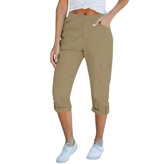 Kmdttou Women Wide Leg Summer Elasticated Waist Multi-pocket Casual Cargo Pants