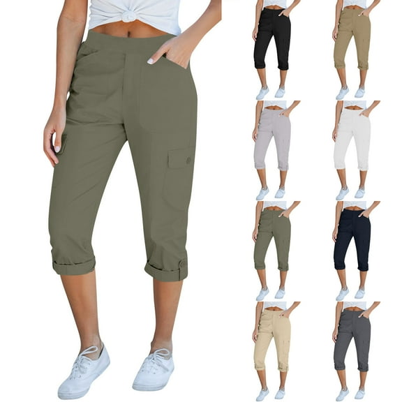 Kmdttou Women Wide Leg Summer Elasticated Waist Multi-pocket Casual Cargo Pants
