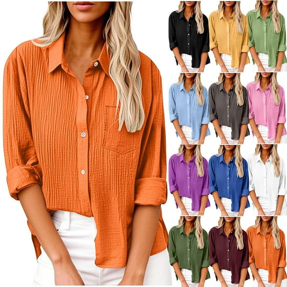 Kmdttou Women's Cardigan Long Sleeve Button Turndown Collar Blouse Shirt Casual Solid Color Button-Up Shirt Sweatshirts Top for Fall Fashion