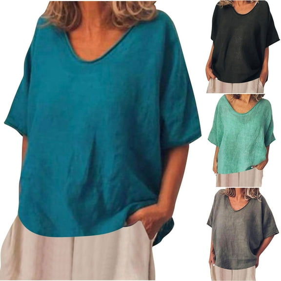 Women's Casual T-Shirts Ladies Summer New Solid Color Loose ShorT-Shirtsleeved Casual Cotton Linen T-Shirt