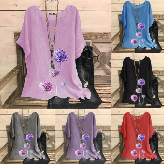 Kmdttou Women's Casual T-shirts Fashion Print Tees Casual Crew Neck Raglan Short Sleeve Loose T Shirt Linen Blouses on Clearance,Pink S