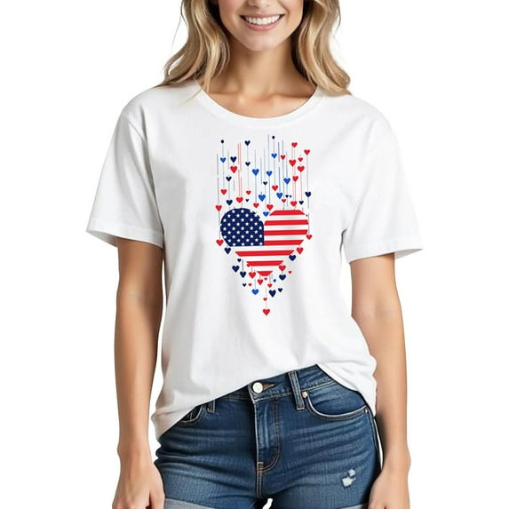 Kmdttou Women's Custom POD Pure Cotton T-Shirts Womens Tops Independence Day Printed Short Sleeved Crewneck T-shirt Gift for Women