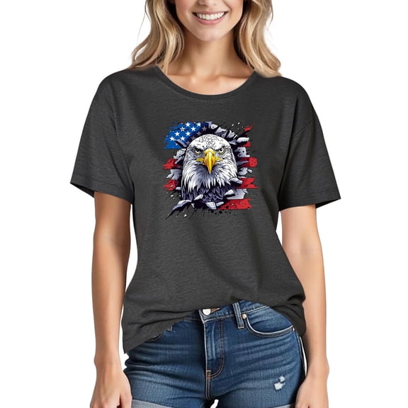 Kmdttou Women's Custom POD T-Shirts Women Blouses Independence Day Printed Short Sleeved Crewneck T-shirt Top Gift for Women
