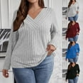 thumbnail image 1 of Kmdttou Women's Fashion Plus Size Plus Size Solid Color Long Sleeved V-neck Knitted T-shirt Casual Top on Clearance!, 1 of 8