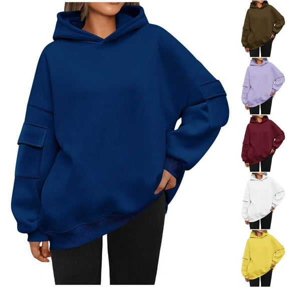 Kmdttou Women's Fashion Tops Hoodies for Solid Color Long Sleeved Pocket Loose Hooded Top Sweatshirt on Clearance!