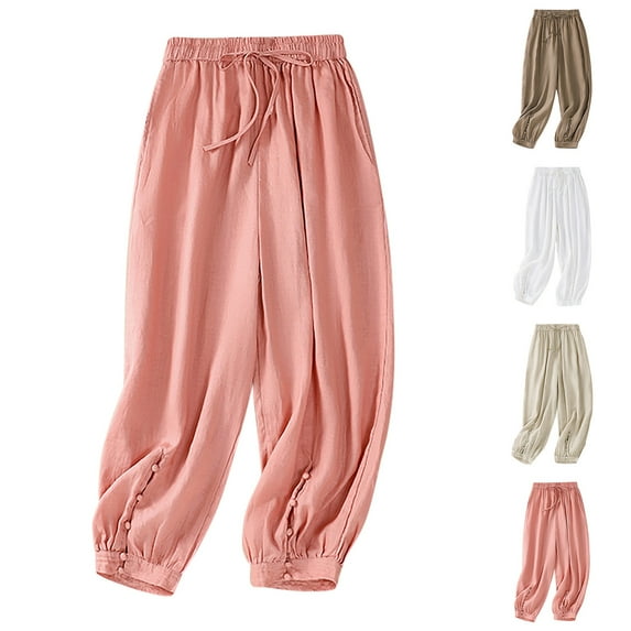 Kmdttou Women's Fashionable Casual Solid Color Cotton And Linen Straight Leg Wide Leg Pants on Clearance!