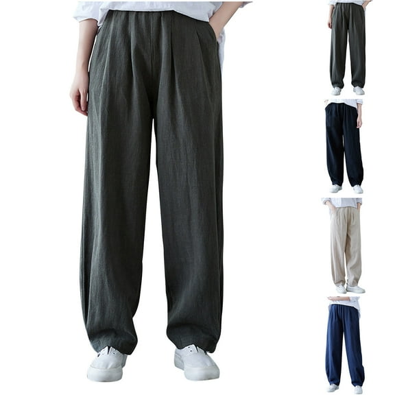 Kmdttou Women's Fashionable Casual Solid Color Cotton And Linen Straight Leg Wide Leg Pants