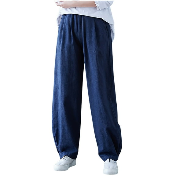Kmdttou Women's Fashionable Casual Solid Color Cotton And Linen Straight Leg Wide Leg Pants