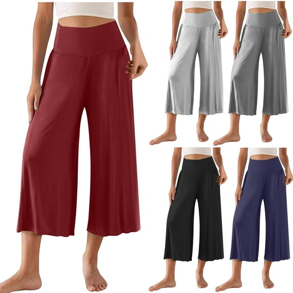 Kmdttou Women's Fashionable Solid Color Loose Pocket Button Decorate Casual Wide Leg Trousers Cropped Pants