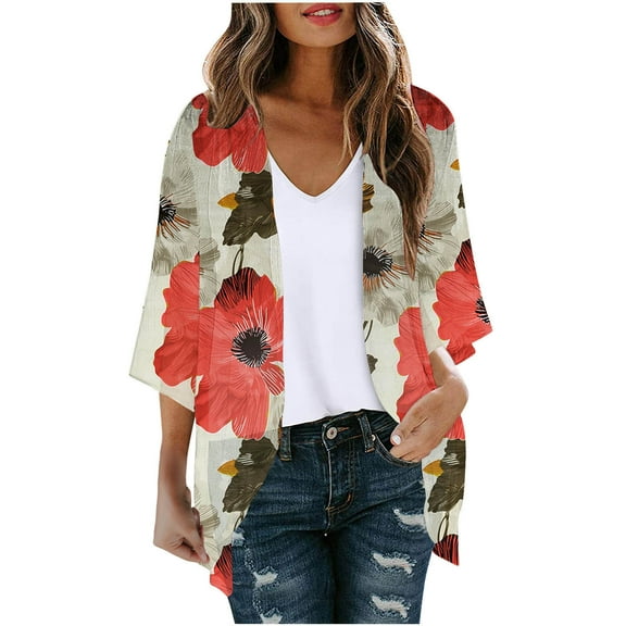 Kmdttou Women's Floral Print Puff Sleeve Cardigan Loose Cover Up Casual Blouse Tops Womens Fall Fashion