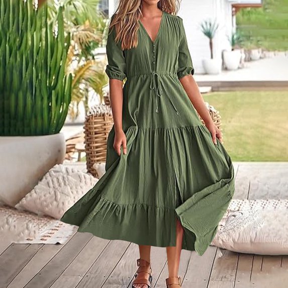 Kmdttou Women's Maxi Dresses Long Sleeve Casual Fashion Summer V-Neck Short Sleeve Button Drawstring Split Hem Solid Waist Dresses