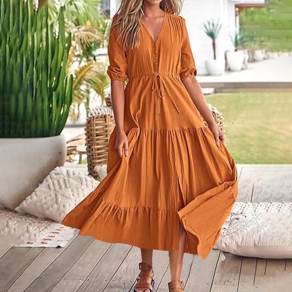 Kmdttou Women's Maxi Dresses Long Sleeve Casual Fashion Summer V-Neck Short Sleeve Button Drawstring Split Hem Solid Waist Dresses