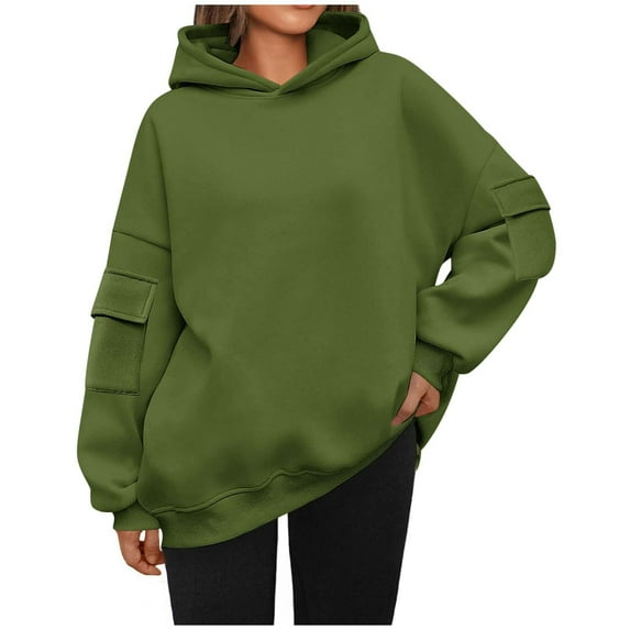 Kmdttou Women's Oversized Hoodies Fleece Sweatshirts Long Sleeve Solid Color Long Sleeved Pocket Loose Hooded Top Sweatshirt on Clearance!
