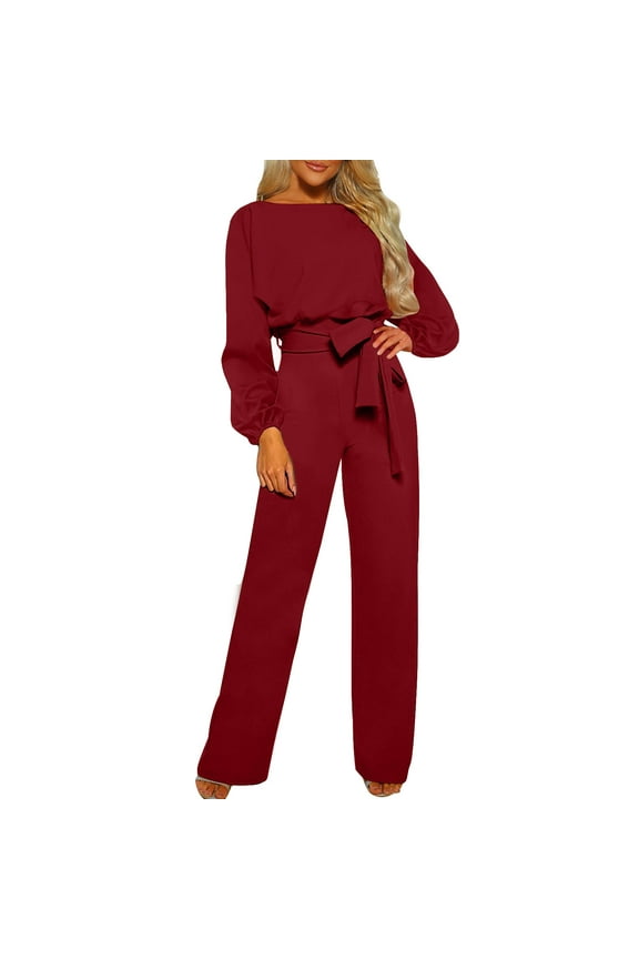 Women's Plus-Size Top Women'S Fall/Winter Solid Color Long Sleeved Crew Round Neck Jumpsuit With Belt Jumpsuit Pans on Clearance!