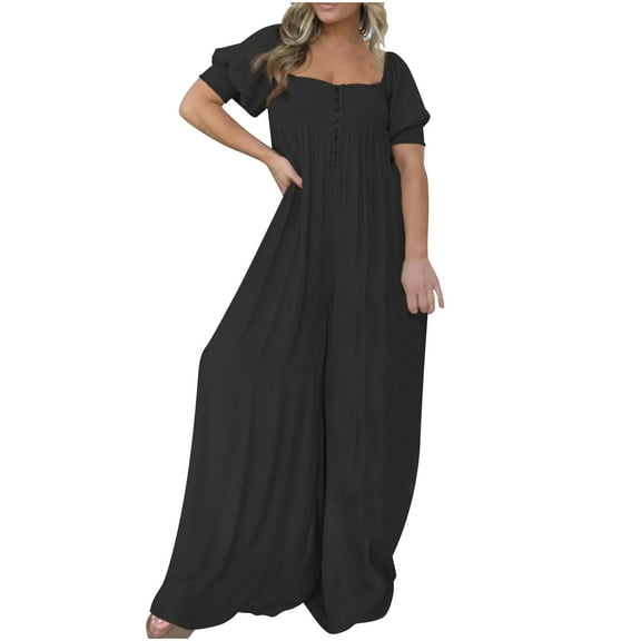 Kmdttou Women's Plus-Size Top Women'S Solid Color Short-Sleeved Casual Wide-Leg Jumpsuit With Button Pockets on Clearance!