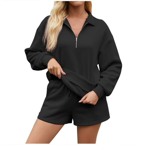 Kmdttou Women's Plus-Size Top Women's Solid Color Half Zipper Lapel Sweatshirt With Pocket And Short Pants Two-piece Set on Clearance!
