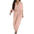 thumbnail image 1 of Kmdttou Women's Plus-Size Top Women's Spring And V-Neck Solid Color Sleeve Pocket Belt Button Cargo Jumpsuit on Clearance!, 1 of 8