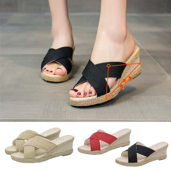 Kmdttou Women's Shoes High Heels Shoes Linen Straw Sandals Wedges Casual Canvas Dress Slippers With Comfortable Plantar Fasciitis Arch Support(Size:35-42)