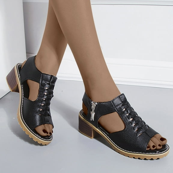 Kmdttou Women's Shoes Solid Hollow Out Mid Heel Casual Vacation Open Toe Beach Sandals With Comfortable Plantar Fasciitis Arch Support(Size:35-43)