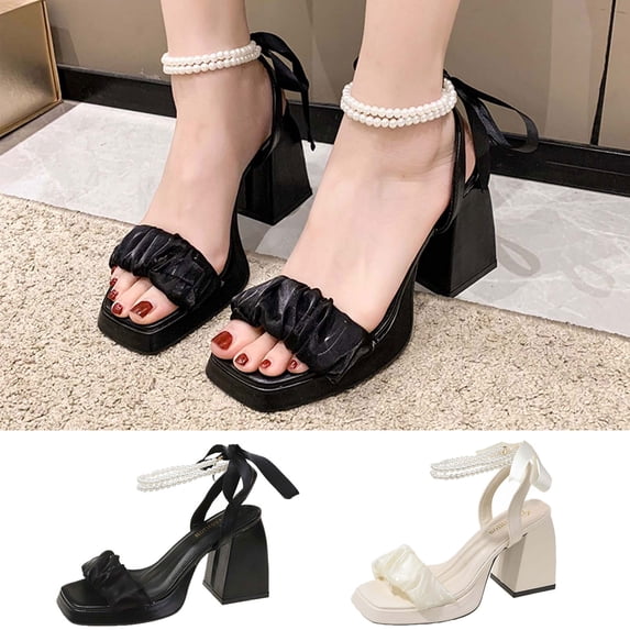 Kmdttou Women's Shoes Summer Casual Square-toe Sandals High Heel Chunky Heel Pearl Decoration Sandals With Comfortable Plantar Fasciitis Arch Support(Size:35-39)