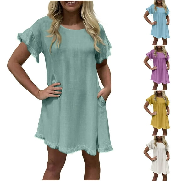Kmdttou Women's Short Sleeve Loose Plain Dresses Fashion Women's Spring/Summer Casual Soild Short Sleeve Round-Neck Dress