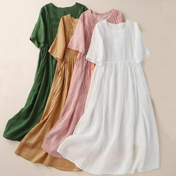 Kmdttou Women's Short Sleeve Loose Plain Dresses Solid Color Lace-up Organ Pleats On Both Sides Loose Casual Mid-sleeve Linen Dress
