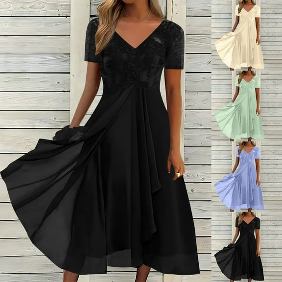 Kmdttou Women's Short Sleeve Loose Plain Dresses Women Casual Fashion Loose Solid Lace Chiffon Short Sleevee V-Neck Dress