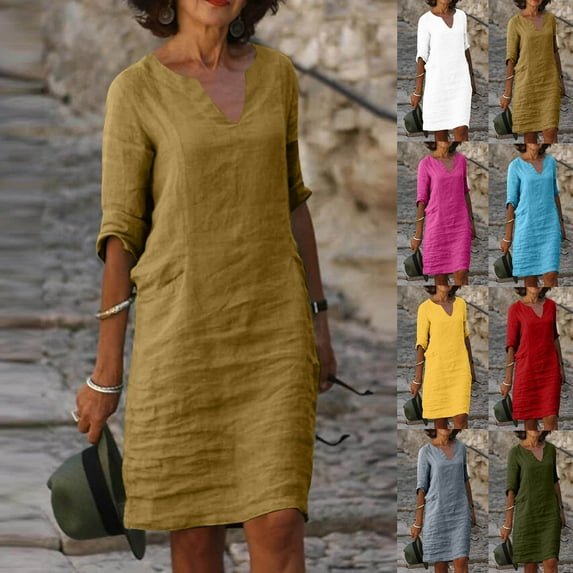 Kmdttou Women's Short Sleeve Loose Plain Dresses Women Casual Vacation Style Solid Color Half Sleeve V-Neck Dress