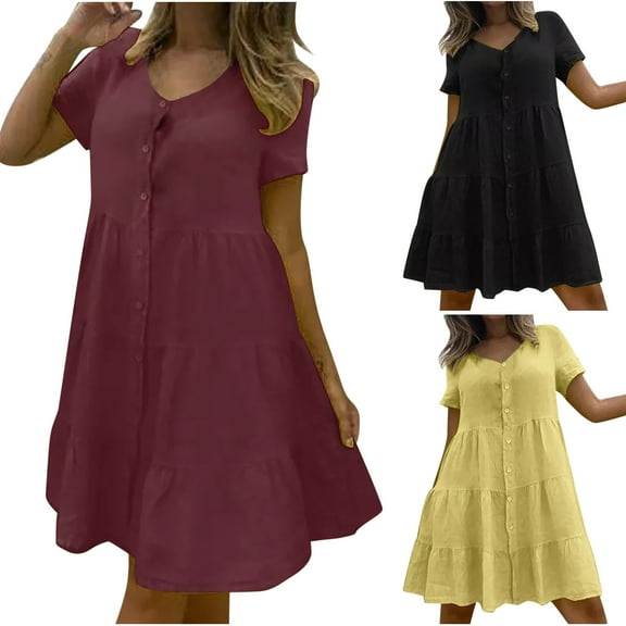 Kmdttou Women's Short Sleeve Loose Plain Dresses Women Short Sleeved Button Up T-shirt Casual Loose Solid Color Dress