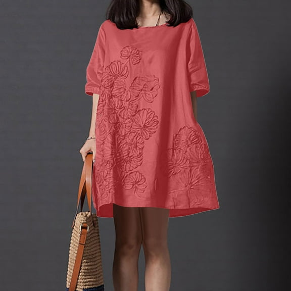 Kmdttou Women's Short Sleeve Loose Plain Dresses Women Solid Color Embroidered Round Neck Short Sleeved And Linen Dress