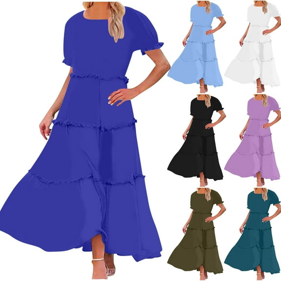 Kmdttou Women's Short Sleeve Loose Plain Dresses Women's Casual Fashion Cake Lace Skirt Solid Color Short Sleeved Round Neck Dress