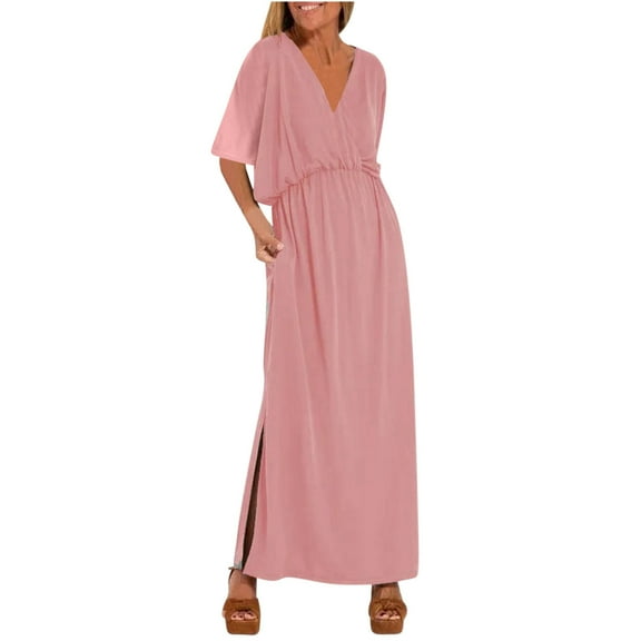Kmdttou Women's Short Sleeve Loose Plain Dresses Women's Casual Fashionable Solid Color High Waisted Split Middle Sleeve V-neck Dress