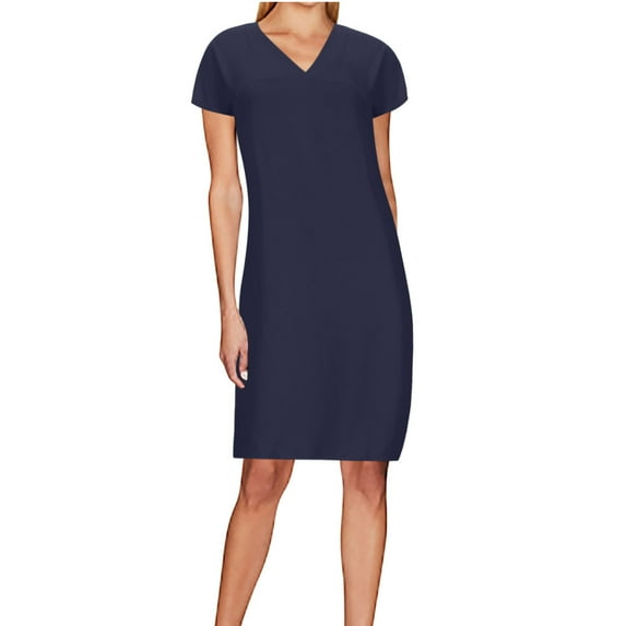 Kmdttou Women's Short Sleeve Loose Plain Dresses Women's Casual Fashionable Solid Color Slit Short Sleeved V-neck Dress