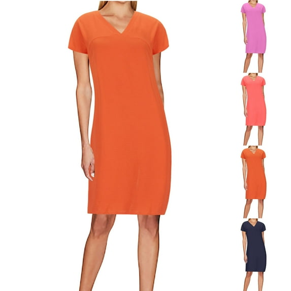 Kmdttou Women's Short Sleeve Loose Plain Dresses Women's Casual Fashionable Solid Color Slit Short Sleeved V-neck Dress