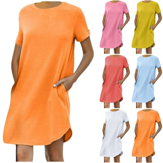 Kmdttou Women's Short Sleeve Loose Plain Dresses Women's Fashion Summer Leisure Sports Curled Sleeves Solid Color Double Pocket Short Sleeve Dress T-shirt Skirt
