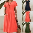 thumbnail image 1 of Kmdttou Women's Short Sleeve Loose Plain Dresses Women's Long Dress Solid Color Round Neck Pocket Pleated Short Sleeved Cotton Linen Dress Short Sleeved Round Neck Dress, 1 of 6