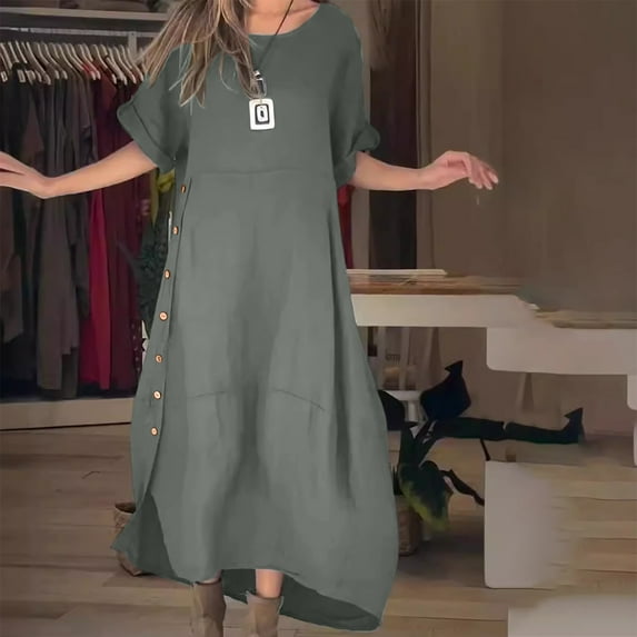 Kmdttou Women's Short Sleeve Loose Plain Dresses Women's Loose Casual Solid Color Short Sleeved Reversible Linen Dress