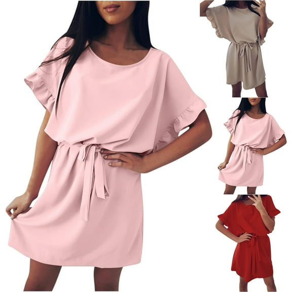 Kmdttou Women's Short Sleeve Loose Plain Dresses Women's Loose Waistband Ruffled Sleeved Round Neck Solid Color Dress Short Sleeve Round Neck Dress