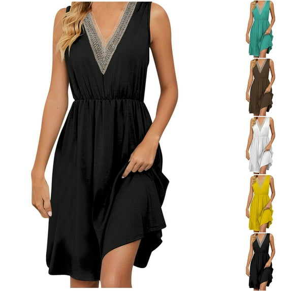 Kmdttou Women's Short Sleeve Loose Plain Dresses Women's Short Sleeve V-Neck Solid Color Pocket Makings Dress