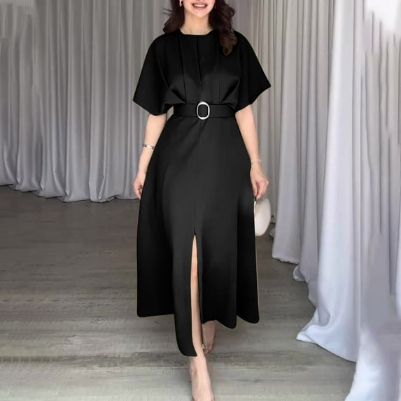 Kmdttou Women's Short Sleeve Loose Plain Dresses Women's Solid Color Fashionable Round Neck Short Sleeve Dress