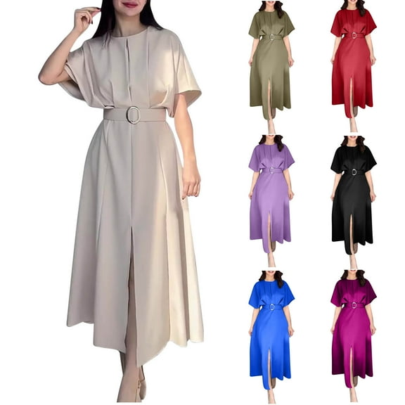 Kmdttou Women's Short Sleeve Loose Plain Dresses Women's Solid Color Fashionable Round Neck Short Sleeve Dress