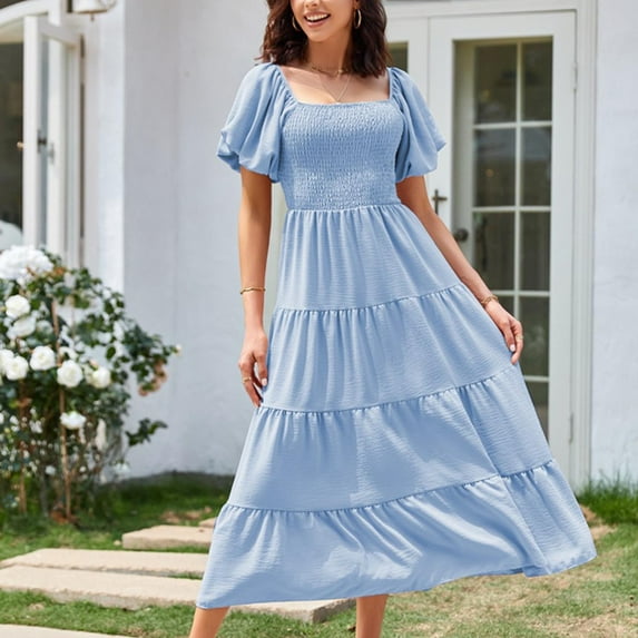 Kmdttou Women's Short Sleeve Loose Plain Dresses Women's Summer Casual Neck Pleated Short Sleeve Solid Color Dress