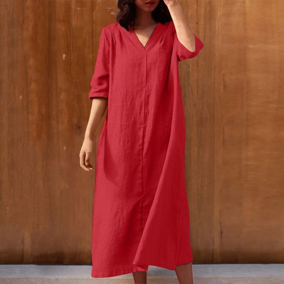 Kmdttou Women's Short Sleeve Loose Plain Dresses Women's Summer Solid Color Short Sleeve V-Neck Dress